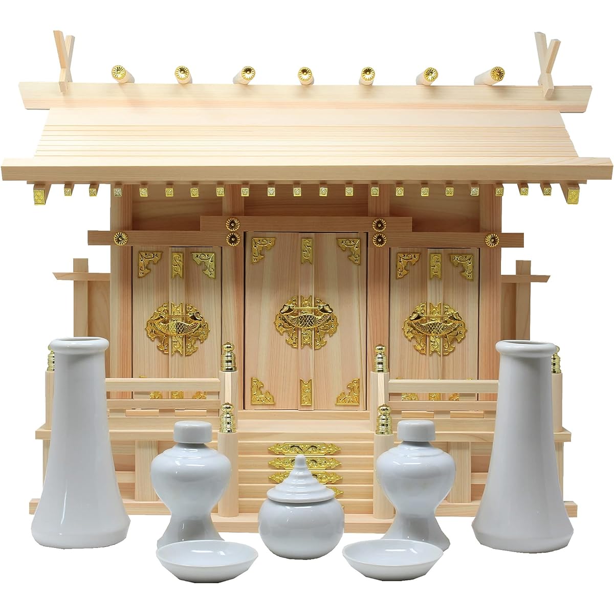 Matsuyama Shinto Buddhist Altar Shinto Altar, Three Shrines with Through Roof, Small Shinto Altar Set, Cloud Sticker Included, Made in Japan, Made in Japan, Hinoki Cypress, Width 54cm, Height 40cm, Depth 21.5cm