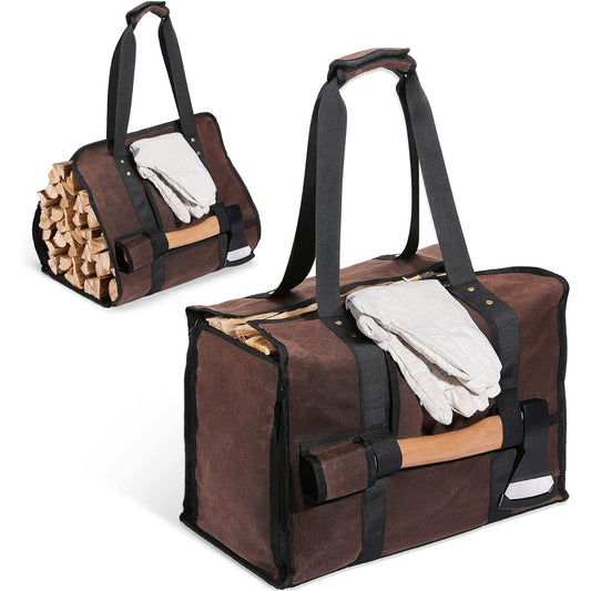 Firewood Bag Housolution Log Carry Camping Bag Tote Bag Type Large Capacity Storage Hangs Prevention/Stain Prevention Easy to Carry Abrasion Resistant Made of 16A Cotton Canvas Paraffin Wax Coating Brown