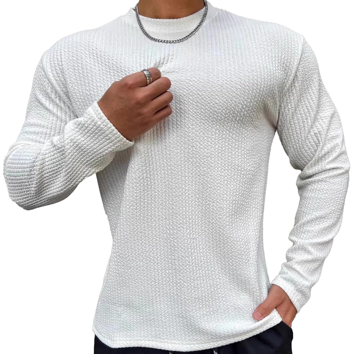 [Manatsulife] Men's Long Sleeve Pullover Knit Round Neck Inner Training Wear Plain Casual Sweatshirt Soft Spring/Autumn Clothes CX091