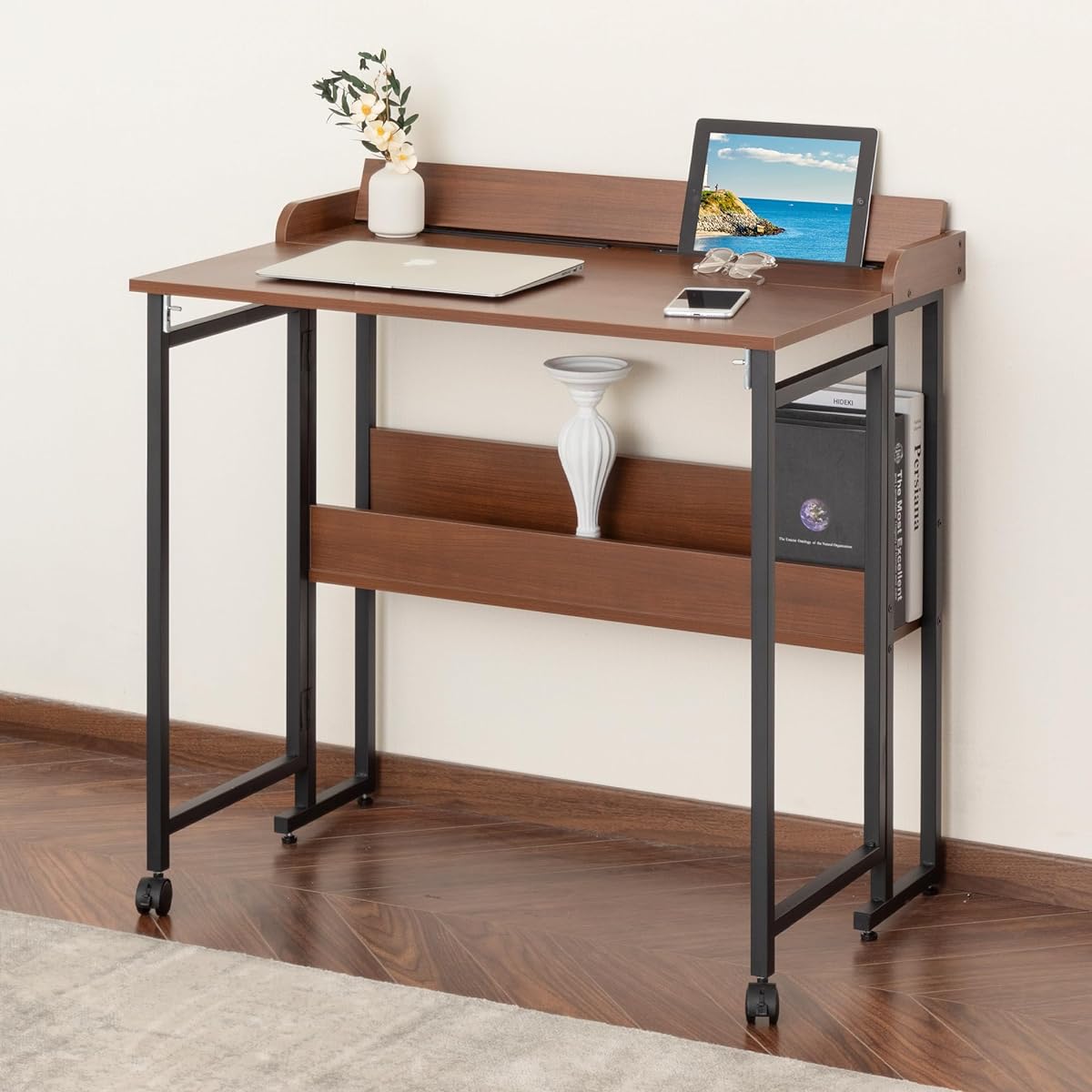 Okeysen Computer Desk Gaming Folding Desk Width 82 Depth 56 Height 80cm Study Desk Office Desk Computer Rack Compact Telework Multi-Function Table Living Alone with Rack Space Saving Study Desk Monitor Arm Mountable Wooden Natural Wood Black Wood Black