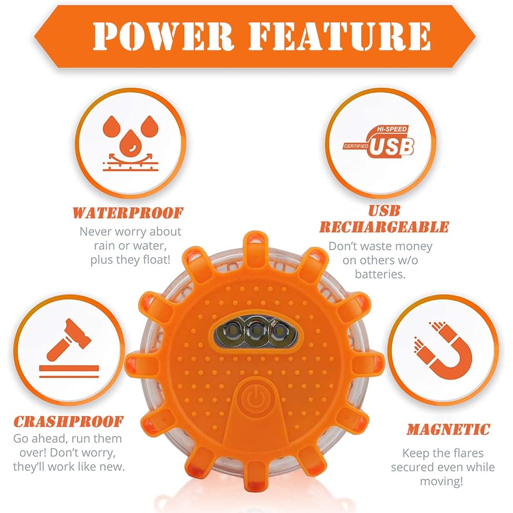 USB rechargeable LED road flare Emergency Light Warning Car Safety Bee Confrdering Disc Flare Kit Magnetic Base Vehicle & 3 Bat Conditions for Boat