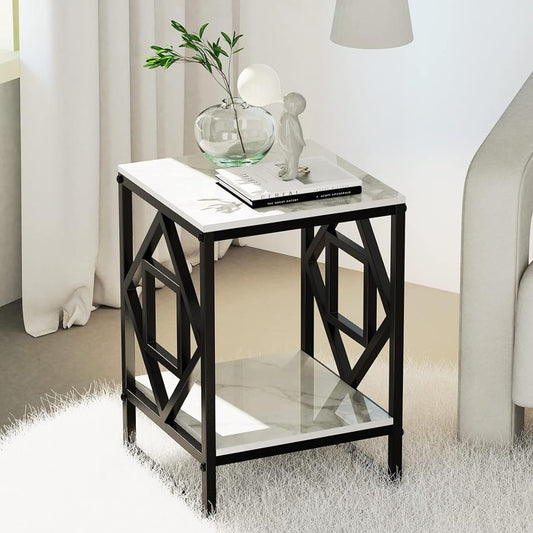 UNHO Side Table, Marble Ceramic Top, with Storage, Next to the Sofa, Next to the Bed, Coffee Table, Corner, Night Table, 2 Tiers, Drinks, Modern, Living Room, White + Black, Stylish, Square, Height 60cm, Width 40cm