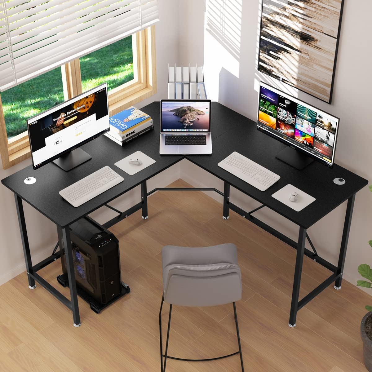 Computer Desk L-Shaped Desk PC Desk L-Shaped Desk Work Desk Width 130cm Wooden Gaming Desk Office Desk Corner Desk Work Desk High Strength Melamine Processed with CPU Stand and Cord Hole Black