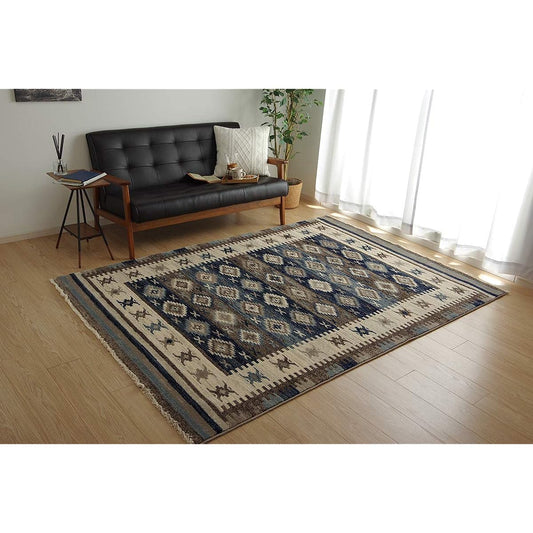 Ikehiko Rug Carpet Mat Carpet Rectangle Plumeria Approx. 160 x 230cm Navy Foldable Compact Ethnic Durable Wilton Weave #2352239