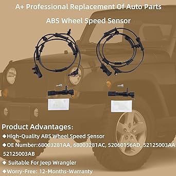 DASBECAN Front & Rear ABS Wheel Speed Sensor Jeep WRANGLER 3.6L 2012 Jeep WRANGLER 3.8L 2007-2011 Exchange # 68003281AA 68003281AC 52060156AD 5215003AA (4 pieces pack)