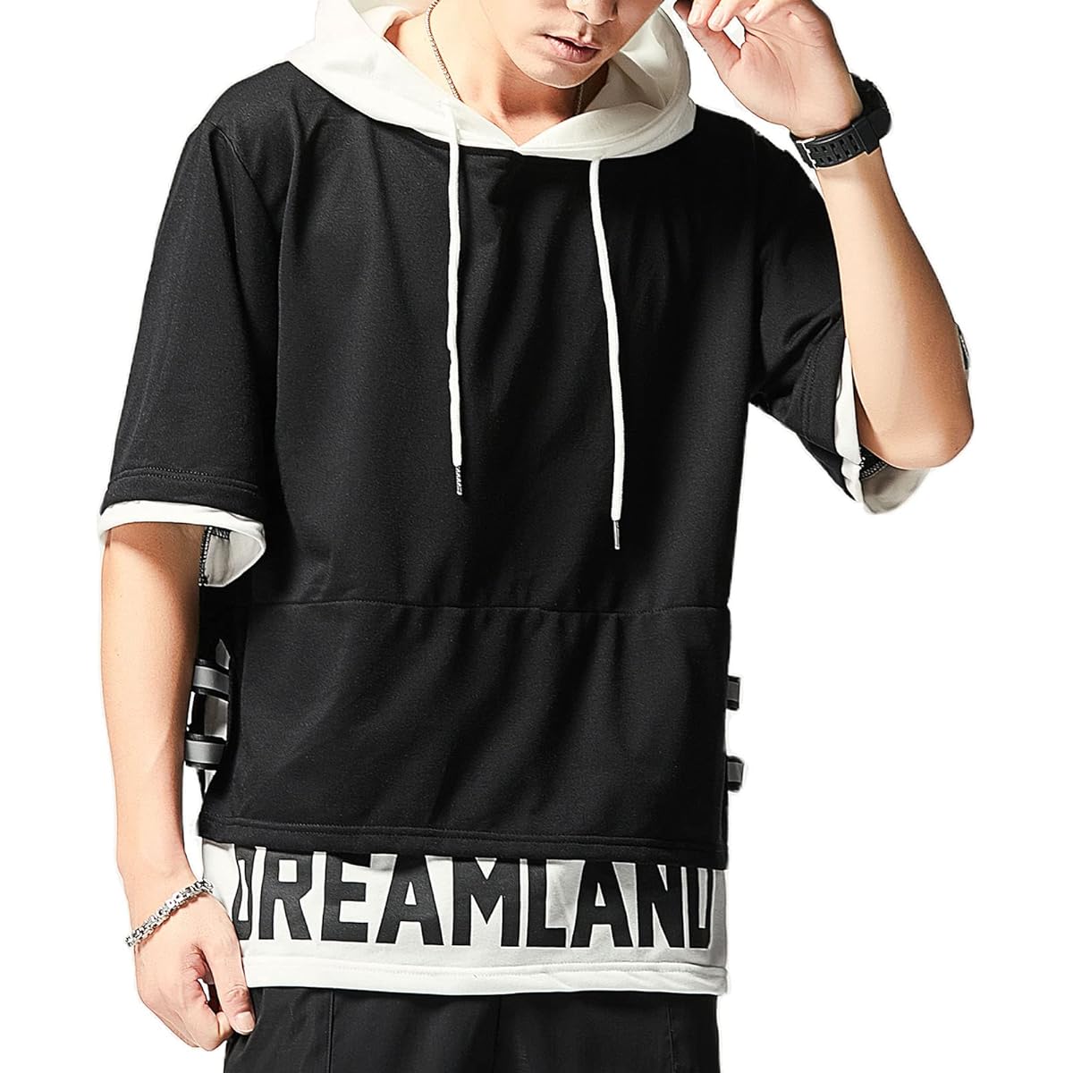 [Moshtashio] Men's Hoodie, 3/4 Sleeve T-Shirt, Summer Clothes, Hooded, Sports, Loose, Casual, Pullover, Cotton, Large Size, Hip Hop Streetwear