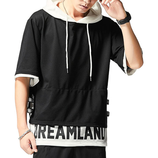 [Moshtashio] Men's Hoodie, 3/4 Sleeve T-Shirt, Summer Clothes, Hooded, Sports, Loose, Casual, Pullover, Cotton, Large Size, Hip Hop Streetwear