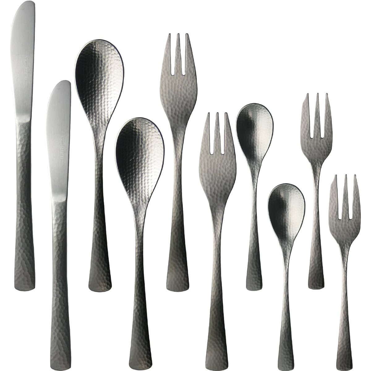 Nagao Japanese and Western Dinner Cutlery Set, 10 Pieces, Knife, Spoon, Fork, 18-8 Stainless Steel, Hammered, Made in Japan