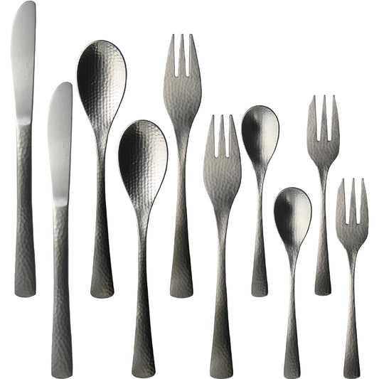 Nagao Japanese and Western Dinner Cutlery Set, 10 Pieces, Knife, Spoon, Fork, 18-8 Stainless Steel, Hammered, Made in Japan