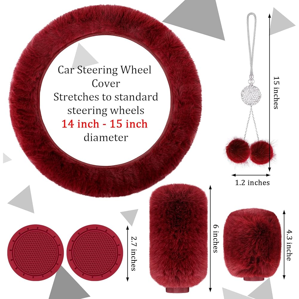 FRIENDA fluffy car accessories 6 -piece set fluffy handle cover soft fluffy hand brake gear shift cover Glitter car mirror accessories 2 piece glitter car coaster (wine red)