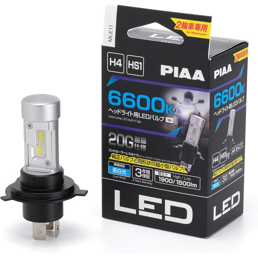 PIAA Motorcycle Headlight Bulb LED 6600K Controller-less Waterproof/Dustproof Type (JIS S2) Hi1900/Lo1500lm H4/HS1 12V 20/20W Earthquake-resistant Specification Vehicle Inspection Compatible Noise Compatible 3 Year Warranty 1 Piece MLE11