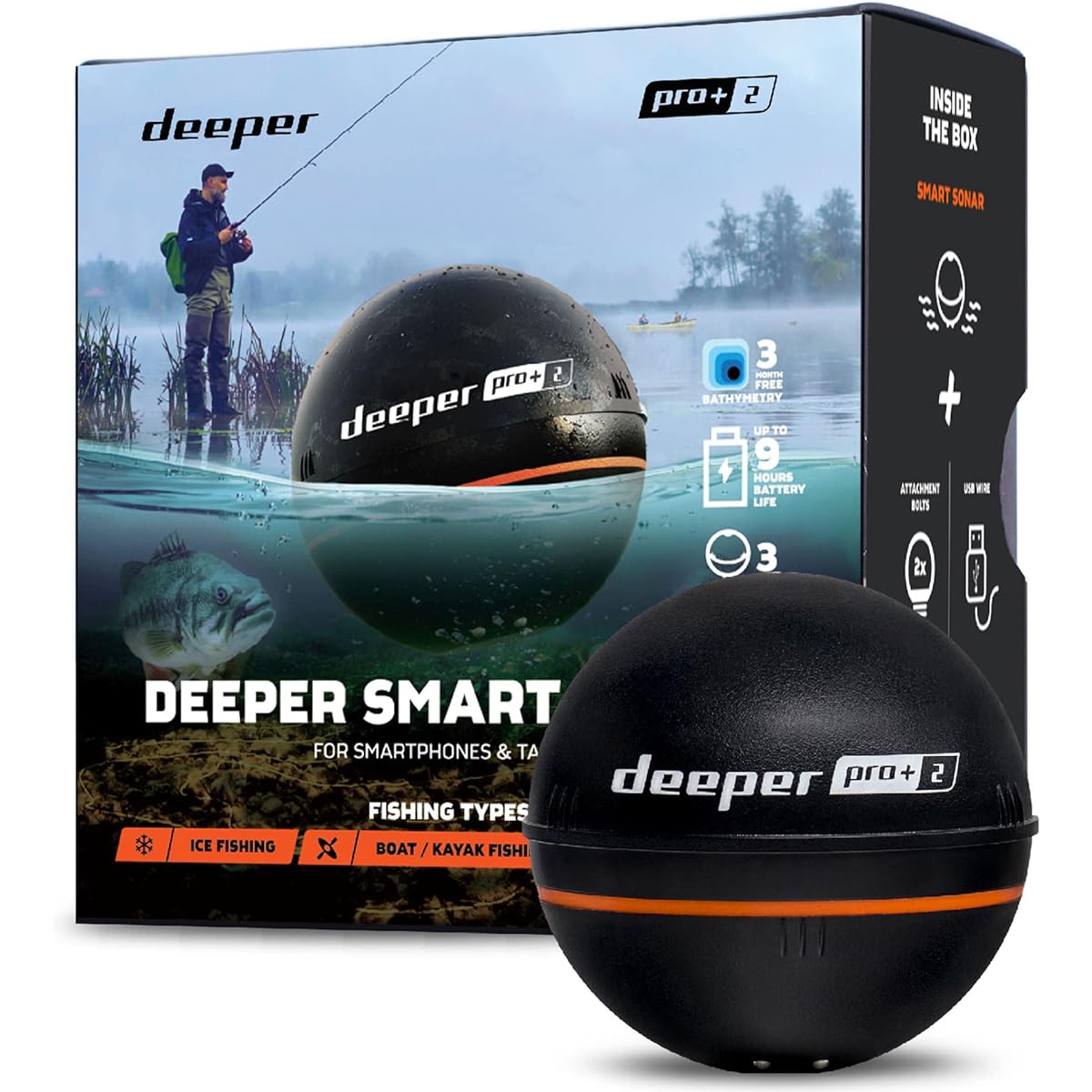 Deeper PRO+ 2.0 wireless smart fish finder, Wi-Fi connectivity, built-in GPS, battery runs up to 9 hours, fast charging, 3 frequencies, scanning depth 100m wireless smart sonar [Authorized Japanese distributor product]