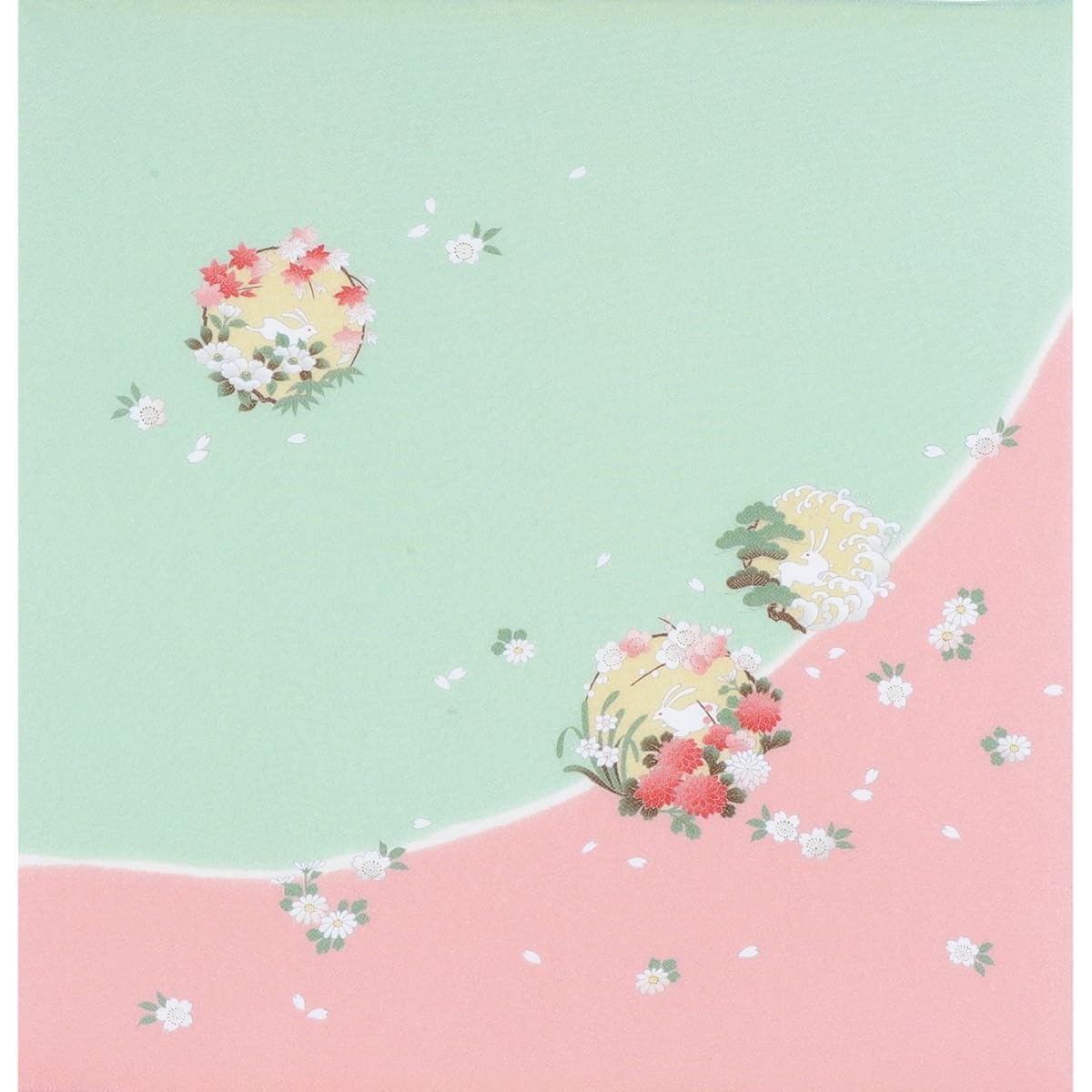Musumi Furoshiki Furoshiki, Approximately 68cm, Pure Silk, Crepe, Yuzen, Two Widths, No. 7 (Boxed), Rabbit in a Flower Circle, Pink, Made in Japan 30623-666