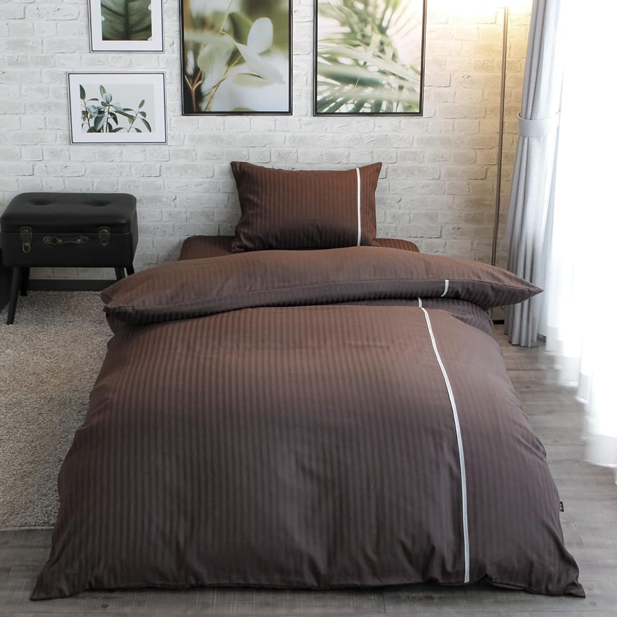 Merry Night inico series 100% cotton satin weave striped duvet cover "Adele" brown double long approx. 190 x 210 cm with ladder lace on one side simple elegant luster washable sanitary clean IN25050-93