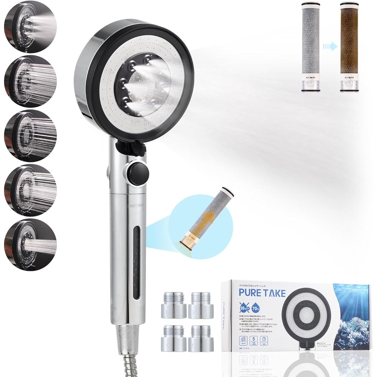 Pure Take Shower Head Micro Nano Bubble [SPA Experience! 0.03mm ultra-thin water outlet] Filter NSF certified domestic chlorine removal material Chlorine removal shower head, high water pressure, 70% water saving shower head, hand water stop 5-mode showe