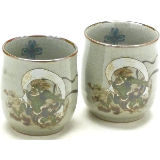 Kutani ware [couple teacup] Wind God and Raijin with inner painting
