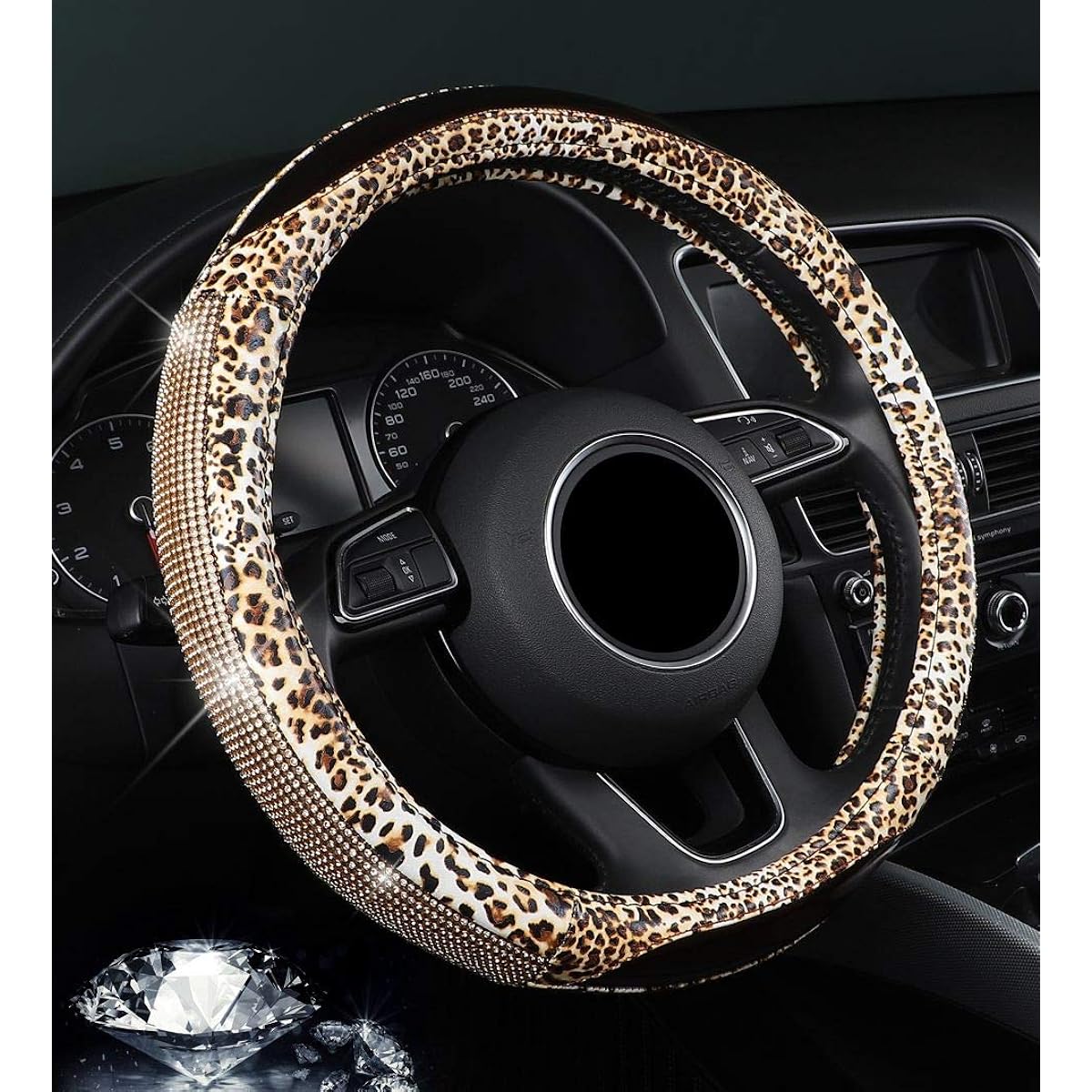 Nawataf Diamond handle cover glittering rhinestone leopard pattern leather universal fit 15 inch wheels
