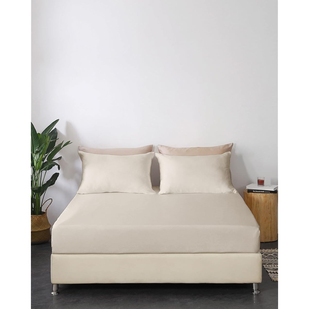 Yumeno Silk Silk Sheet Fitted Sheet Bed Sheet Queen 160 x 200cm Depth 25cm Mattress Cover Bedspread 100% Silk 19 Momme Silk Natural 6A Gloss Dust Mite Resistant Antibacterial Odor Resistant Washable Gentle Texture No Seams Easy to Put On and Take Off Pla