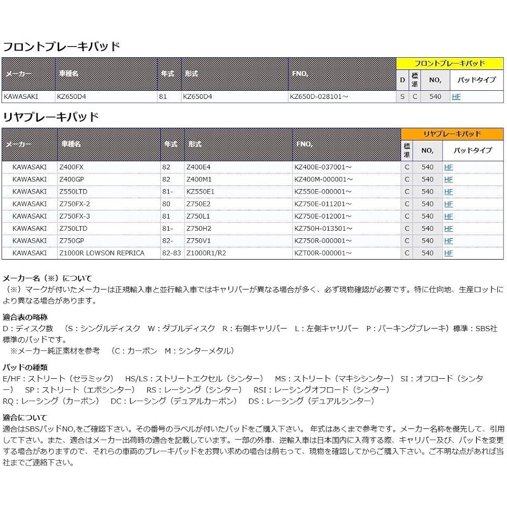 KITACO SBS Brake Pad 540HF Ceramic Z400GP Z400FX Z400LTD Z750FX Z1000R Lawson Replica 777-0540000