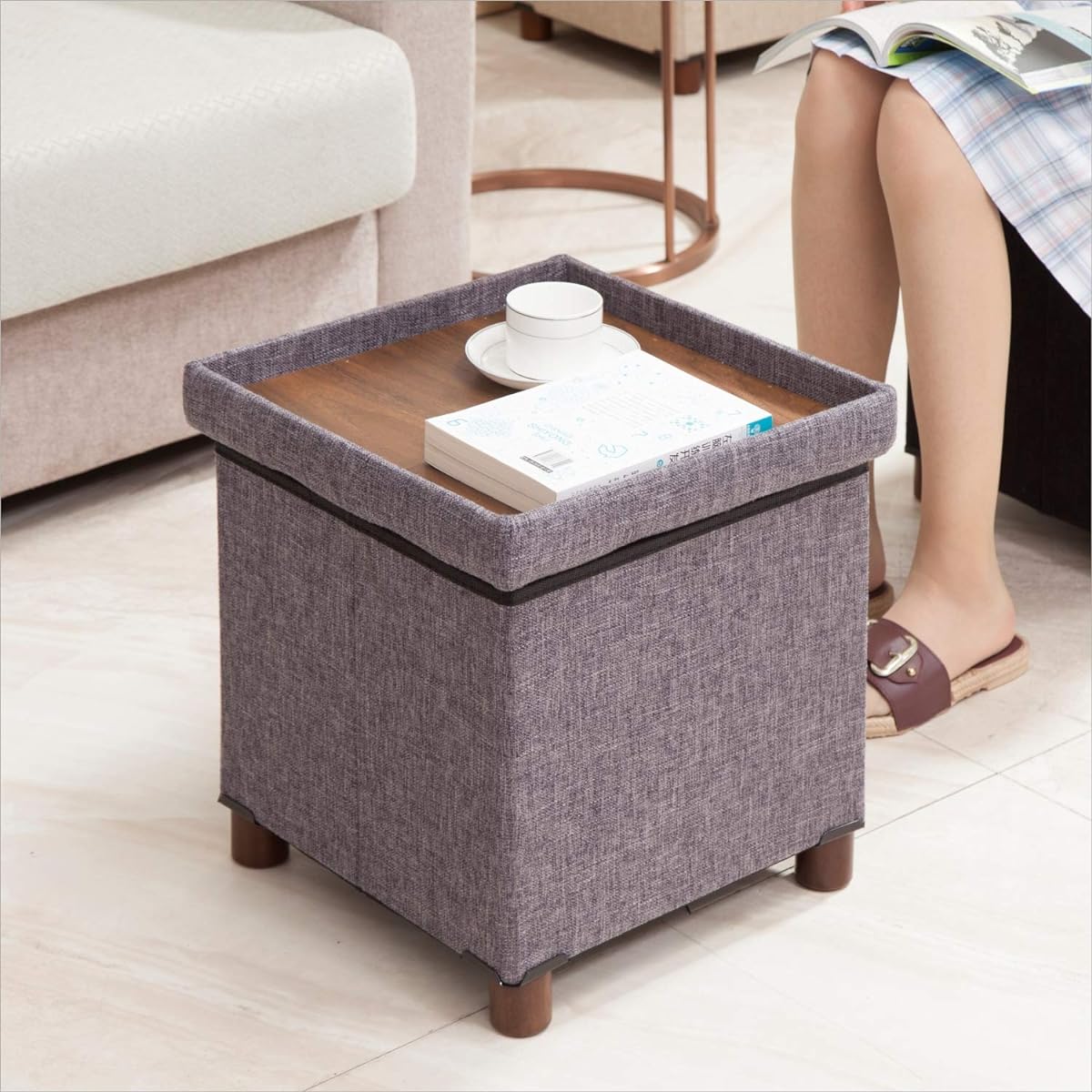 MONCOT Storage Stool Footstool Ottoman with Legs Foldable Storage Chair Box Stool Footrest Step Stool Sturdy Load Capacity 140kg Width 76 x Depth 38 x Height 38cm BB202-BE (M-BEIGE)
