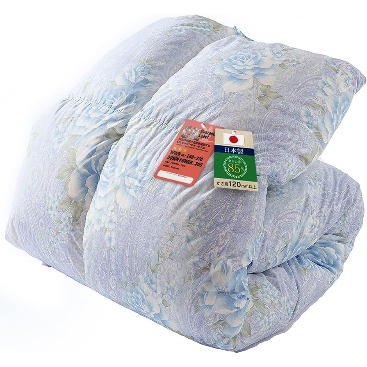 Iris Plaza Duvet, King, 85% White Duck Down, Made in Japan, CIL Red Label, Plenty of Volume, Reduced Allergens, Domestic Washing, Antibacterial and Odor Resistant, Power Up Treatment, Soft, Floral Pattern, Blue