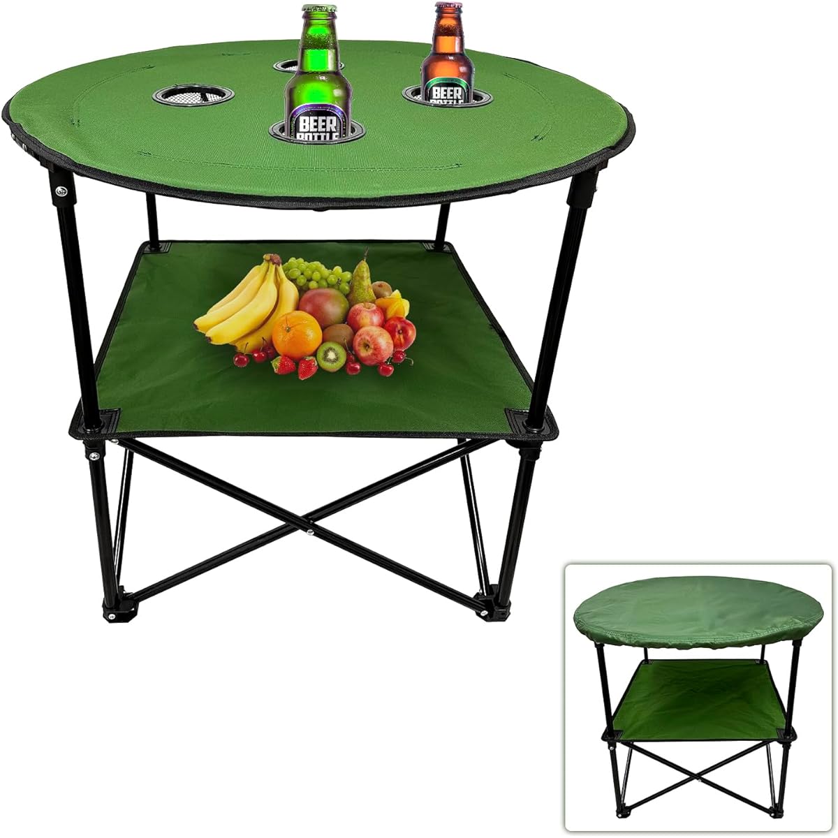 TAISOCA Camping Table, Outdoor Table, Foldable Table, Two Tiers, Large Capacity, Waterproof, Includes 4 Cup Holders, Table Cloth, and Carry Bag, Compact Beach BBQ