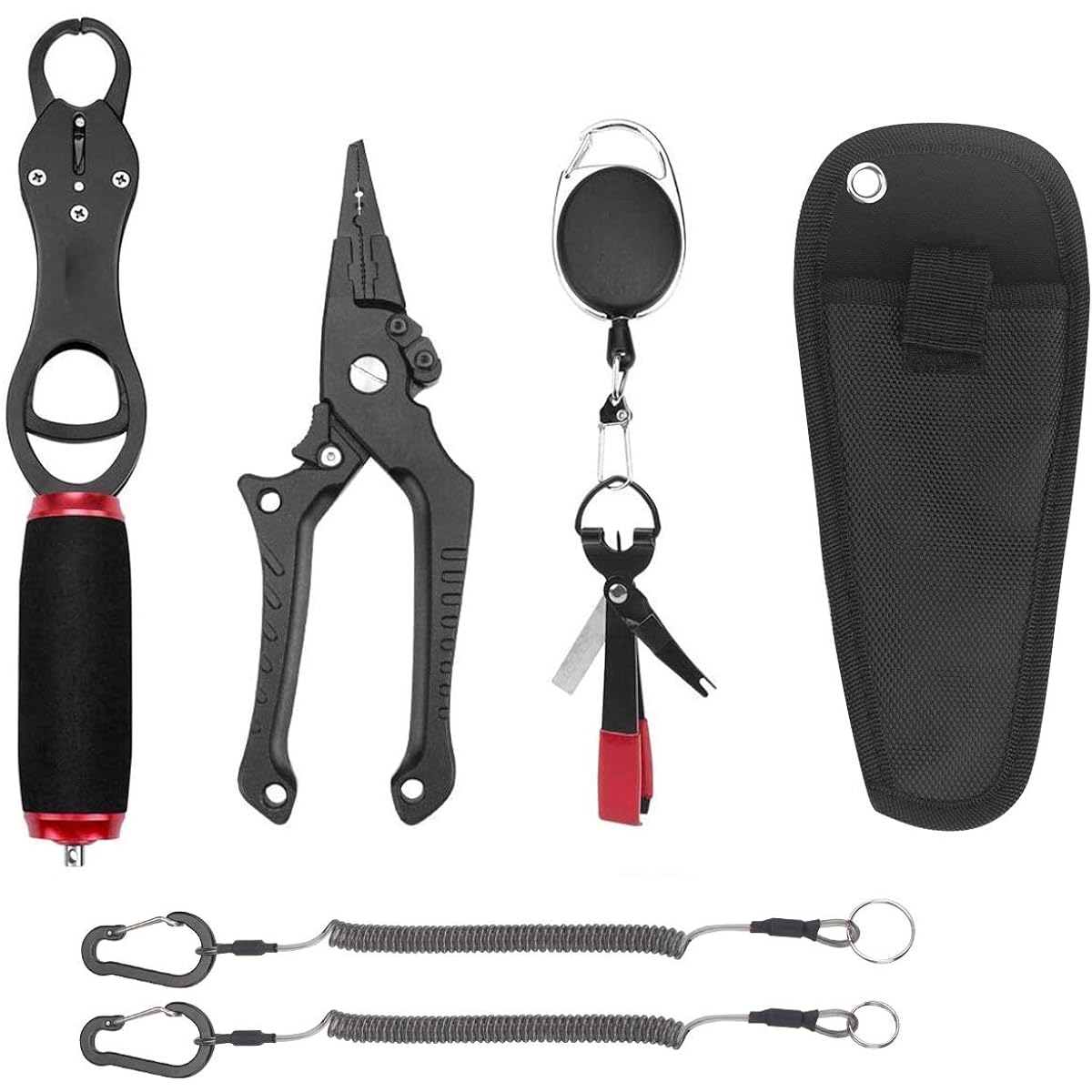 Fishing pliers, fish grip and reel keychain set, fishing pliers with lock function, line cutter included, safety rope included, rust proof, 4 pieces