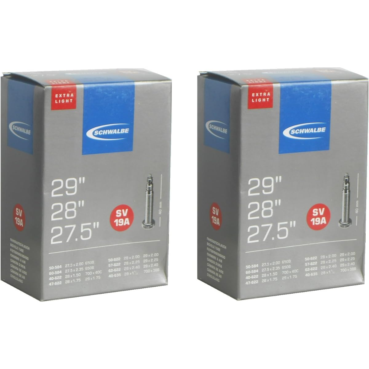 Set of 2 SCHWALBE 27.5 x 2.00/2.35, 28 x 1.5/2.40, 29 x 1.75/2.40 lightweight tube 19A-SV Presta valve length 40 mm [parallel import goods]