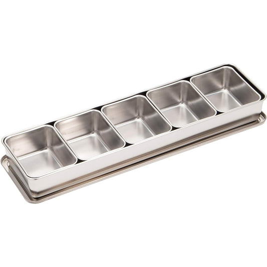 Endo Shoji TKG Seasoning Condiment Holder, 5 Pieces, Length, Width x Depth x Height (mm) 543 x 145 x 60, Can be used as a storage container in a variety of ways, Made of rust-resistant stainless steel, hygienic, for commercial use, AYK11005