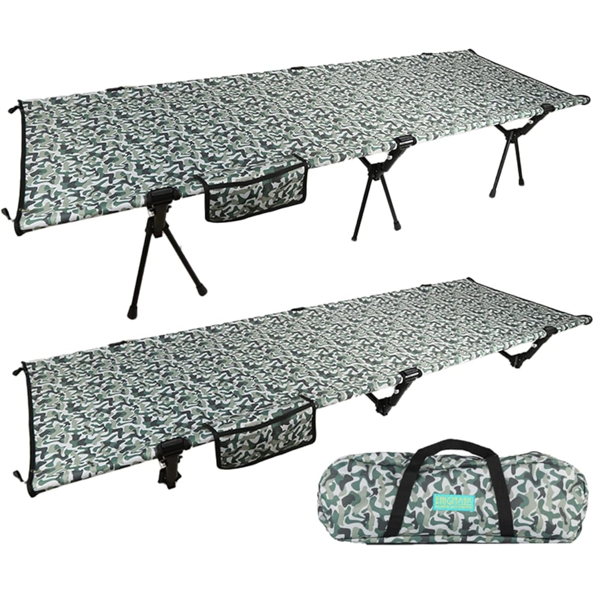 ENIGMATA Camping Cot 2-Way Outdoor Compact Bed Lightweight Foldable Ultra Light Load Capacity 120kg Easy Assembly Aluminum Alloy With Pocket Storage Bag Included Picnic Disaster Prevention Camouflage Pattern