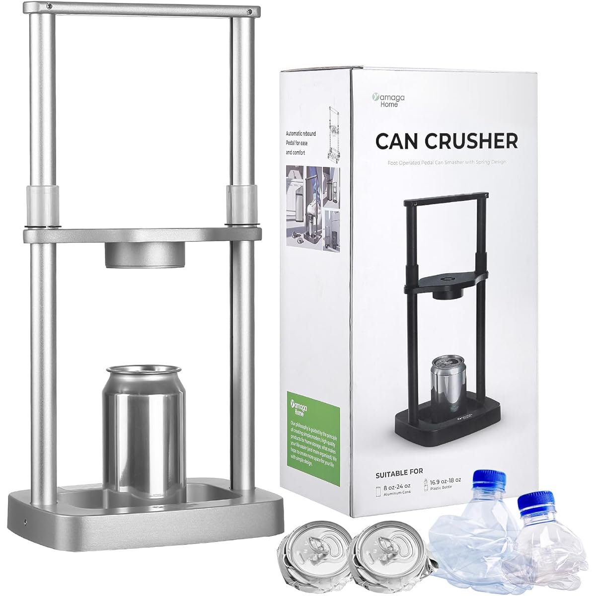 yamagahome Empty Can Crusher, Empty Can Crusher, Foot Crushing, Can Crusher, Compact, Space Saving, Empty Cans and PET Bottle Crushing, Silver (Patented Design)
