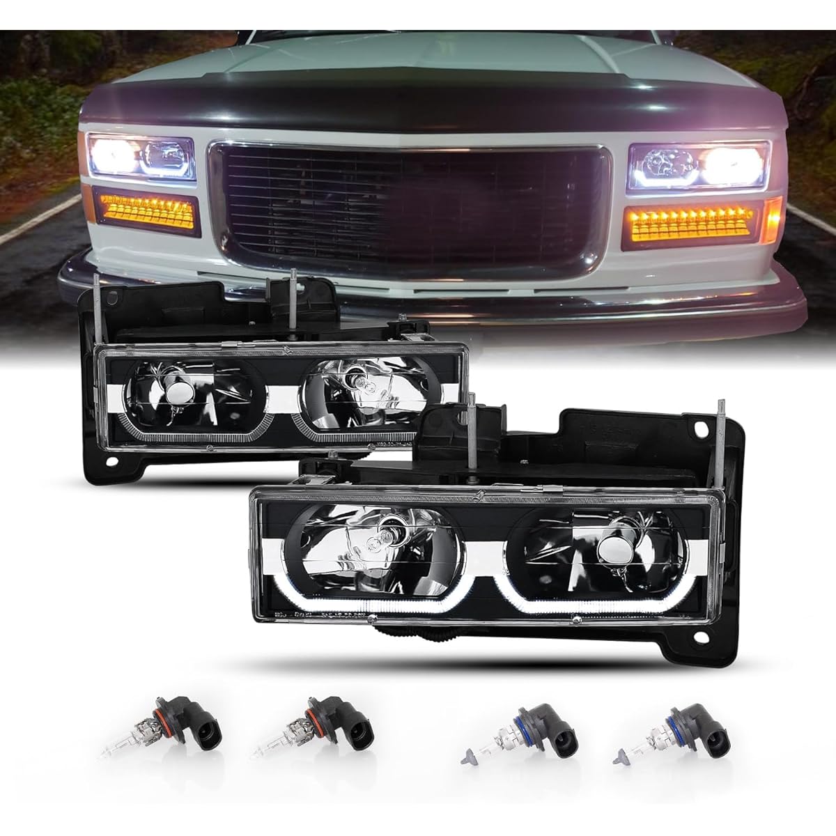 Amerilite replacement Halogen Headlight LED Haylover Chevrolet/GMC Full Size Track SUV -Light Ausen Buri Black on the passenger seat and driver's seat