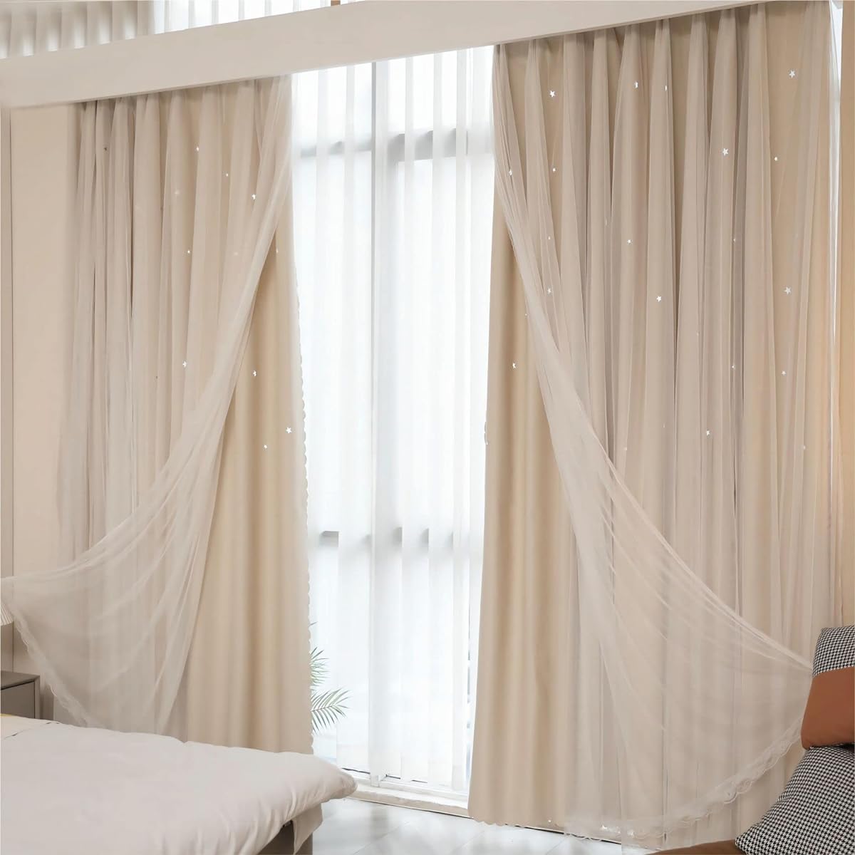 Curtain Princess Shading, Length 78.7 x Width 39.4 inches (200 x 100 cm), Lace Curtain Included, Star Pattern, Stylish, Thick, Hook Included, Tassel, Double Curtain Attachment, Easy to Use, Adjuster,