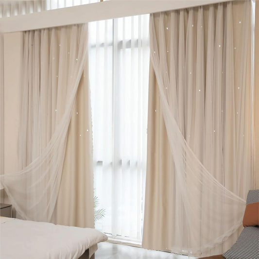 Curtain Princess Shading, Length 78.7 x Width 39.4 inches (200 x 100 cm), Lace Curtain Included, Star Pattern, Stylish, Thick, Hook Included, Tassel, Double Curtain Attachment, Easy to Use, Adjuster,