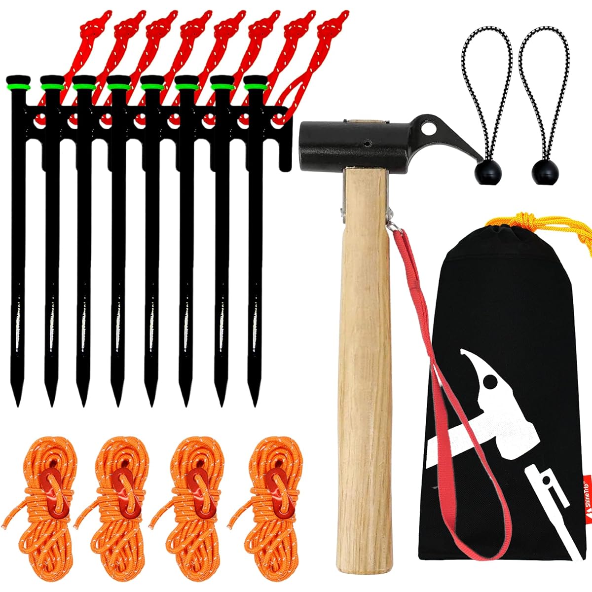 nda-style [Head reinforced forging manufacturing method] Peg Hammer Pegs 20cm x 8 pieces/30cm x 8 pieces 1 storage bag Tent rope 4m x 4m 4 pieces Camping Luminous rings 8 pieces Rubber bands 2 pieces (pegs 20cm x 8 pieces (Full set Ver.))