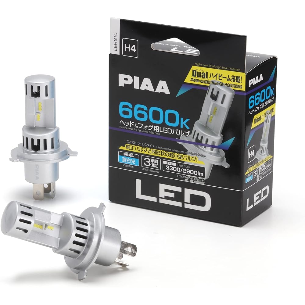 PIAA Headlight/Fog Lamp LED 6600K <Controllerless Type-Standard Series> Equipped with Dual High Beam 12V 20/20W Hi3400 /Lo2900lm H4 3 year warranty Vehicle inspection compatible Noise compatible 2 pieces LEH210