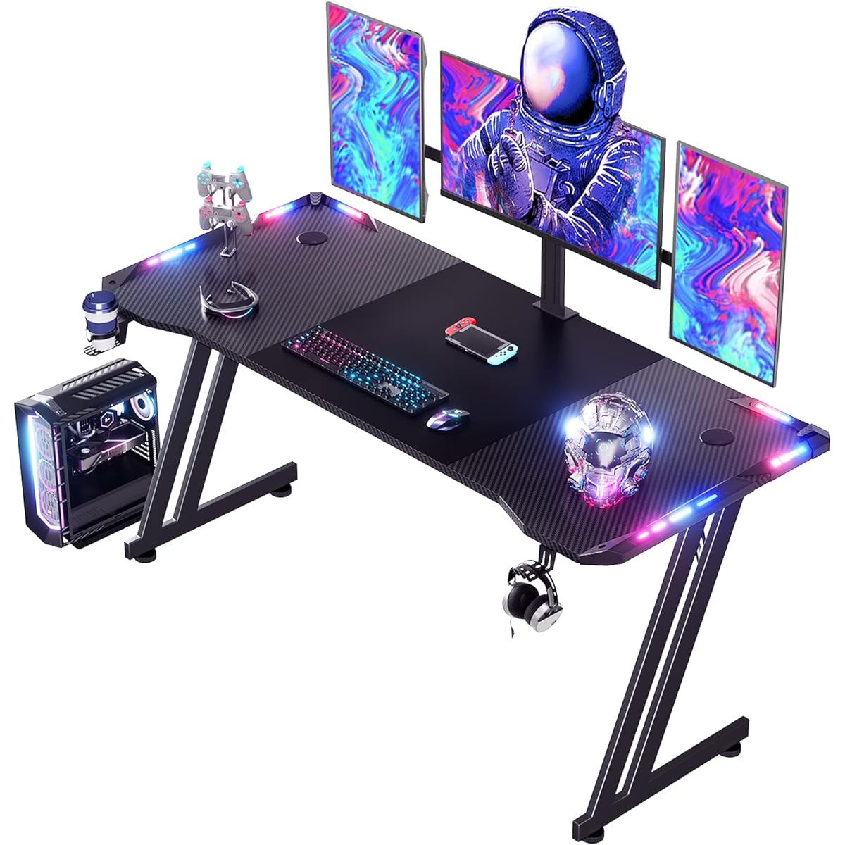 HLFURNITURE Gaming Desk, Computer Desk, Work Desk "One Year Manufacturer's Warranty" Width 120cm x Depth 60cm PC Desk with Headphone Hook and Cup Holder Easy to Assemble with RGB Ride Black