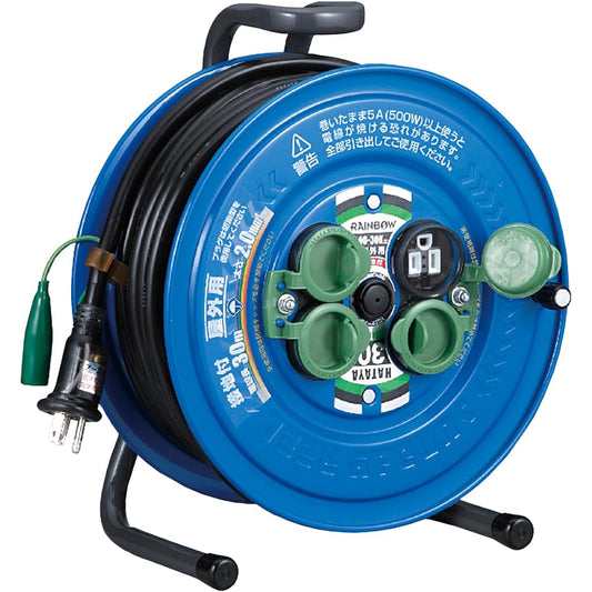 HATAYA Cord Reel, Outdoor (Rainproof), 100V Type, Cord 30m, Thickness 2.0㎟, Standard Type, Grounded, 4 Outlets, Outlet Rainproof Cap Included, 1 Plug Copper Included, For Home Use, Factory Use, Construction Sites, Sunday Rainbow Reel SG-30K