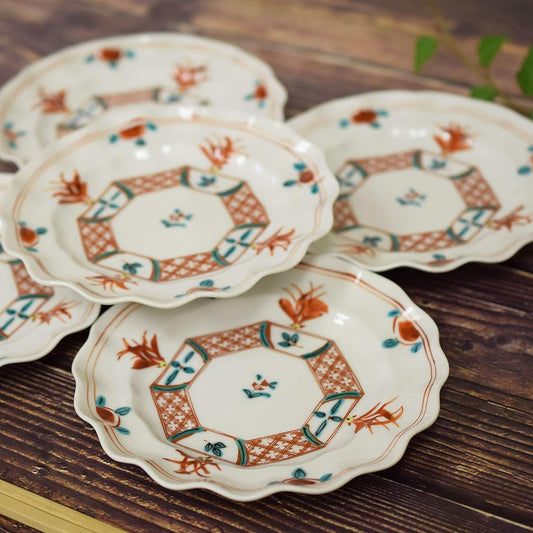 Plate Set, Stylish Tableware, Kutani Ware, Small Plates, Set of 5, Red Painting, Pottery, Japanese Tableware, Serving Plate, Made in Japan