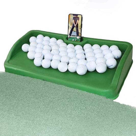 Golf Ball Tray - Cell Phone Holder Record Golf Swings, 100 Ball Capacity, Heavy Rubber Golf Tray Compatible with All Ball Hitting Pads