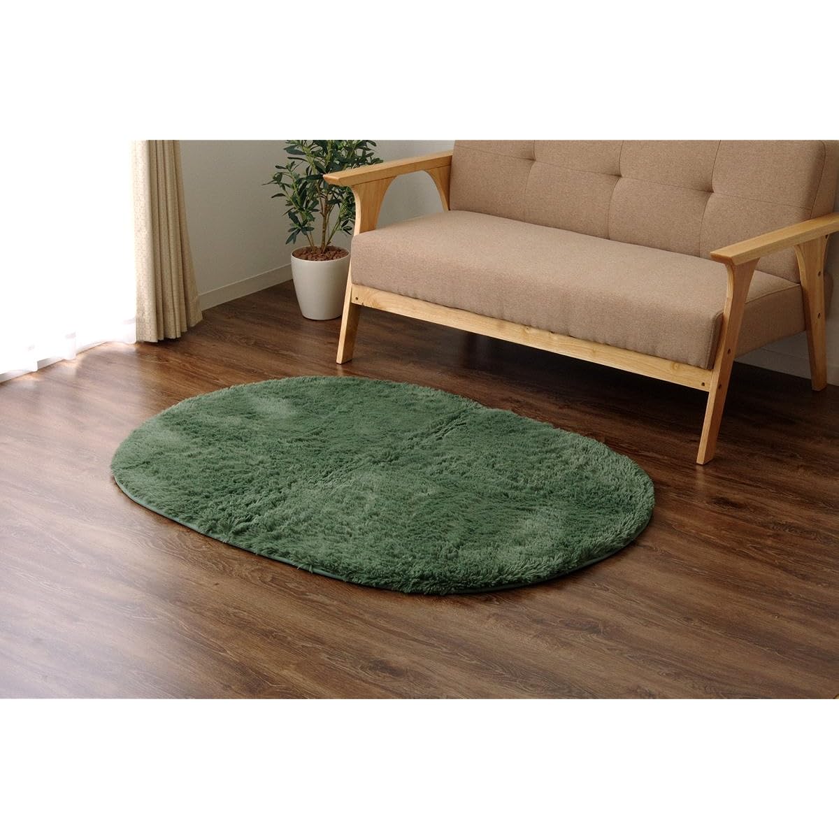 Ikehiko Rug Carpet Oval Shaggy Plain Scandinavian Microfiber "Misty IT" Green Approx. 140 x 200cm Oval (Hot Carpet Compatible) ♯9811073