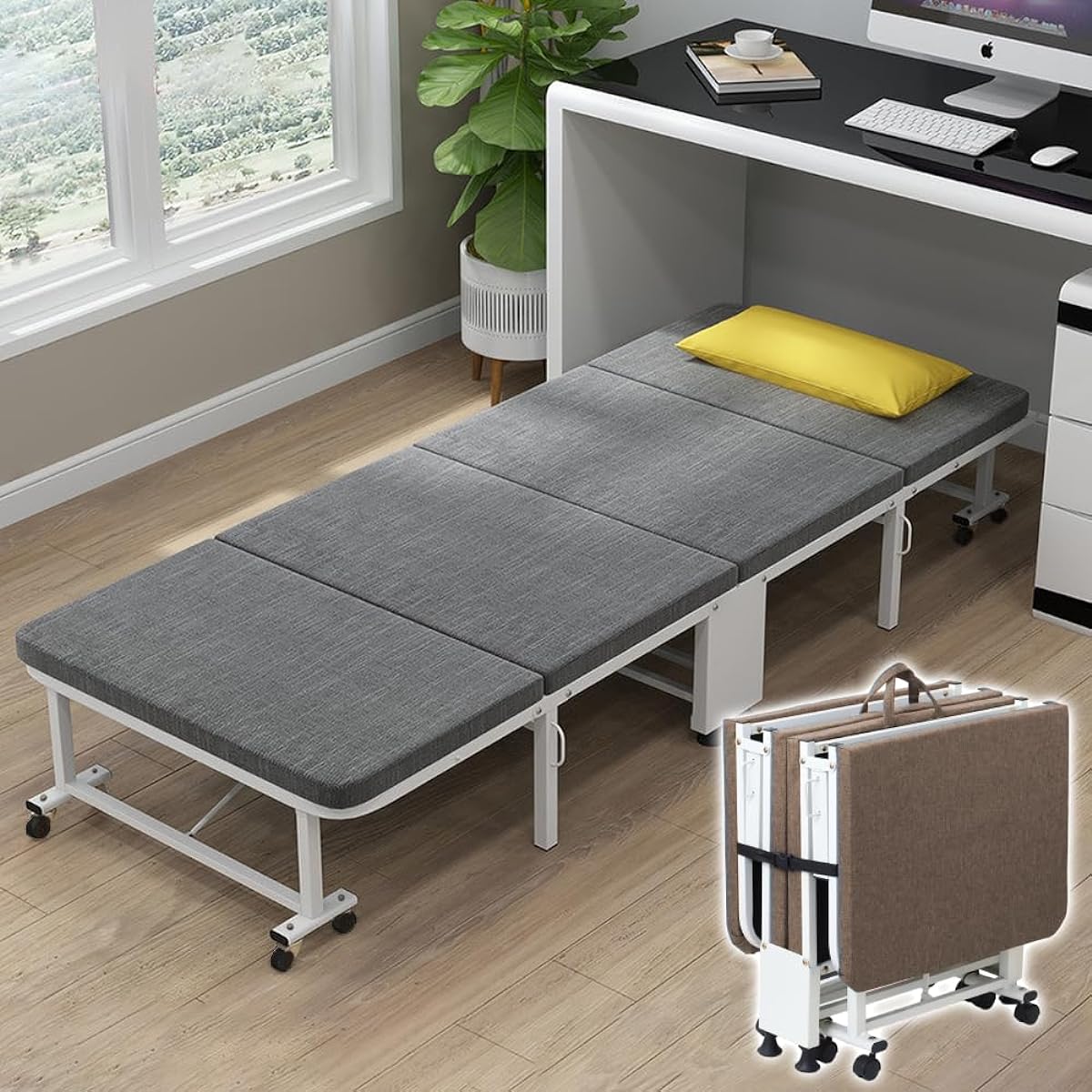 iimono117 Folding Bed, Compact Folding Bed, Single Simple Bed, Folding Bed with Mattress, No Assembly Required, High Resilience Urethane with Casters (Gray)