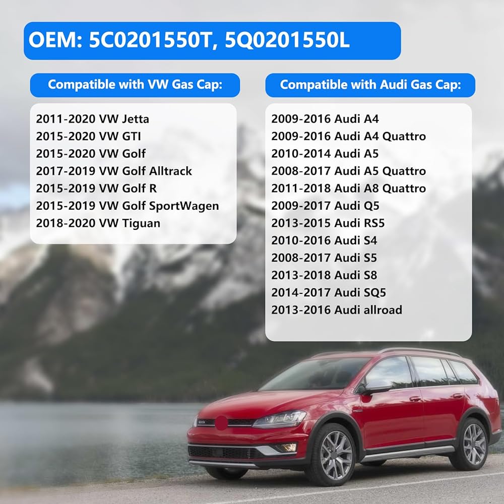 Gas cap, fuel cap 5C0201550T, 5Q0201550L Volkswagen --2015-2019 VW GOLF SPORTWAGEN VW GOLF R, 2015-2020 VW GTI VW GOLF 2017-2019 VW GOLF ALLTRACK, 2011-202 0 Compatible with VW Jetta 8-202 0 Volkswagen.