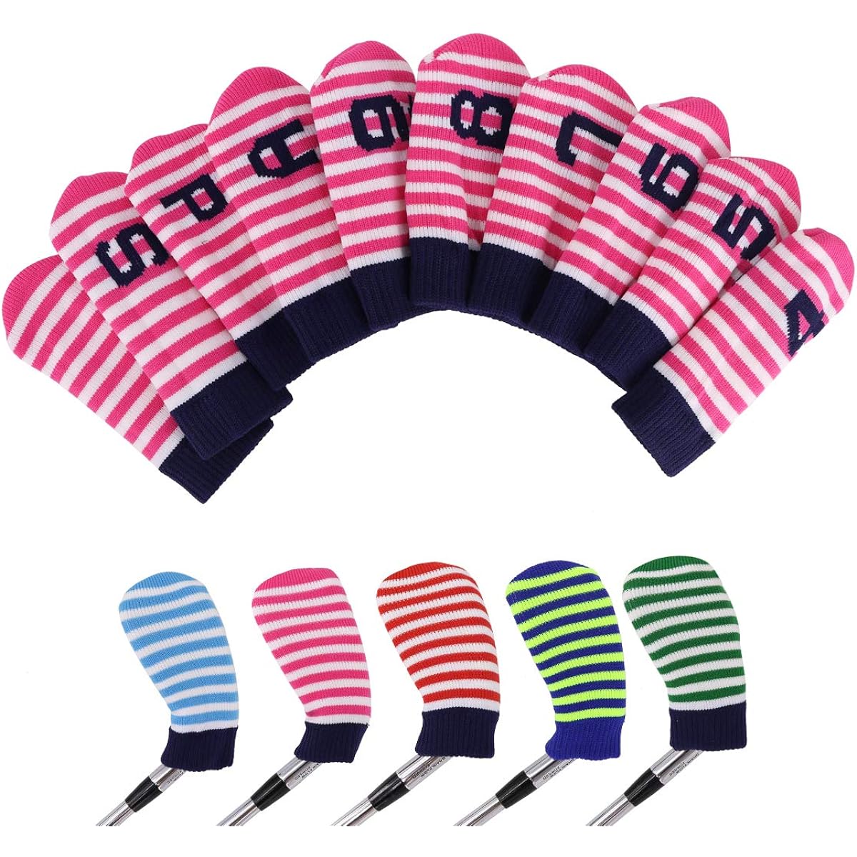 Golf head cover, knit iron cover, cute sock type, sock type, double fabric (4-9, P, A, S, plain) numbers on both sides, set of 10, 5 colors