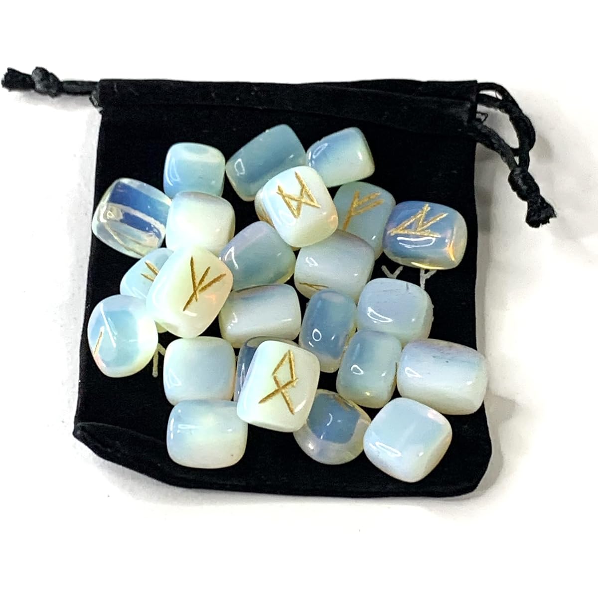 Set of 25 runes engraved on Obsidian Opal (Opalite), Comes with a pouch with runes, For rune fortune telling, Includes Japanese explanation booklet.
