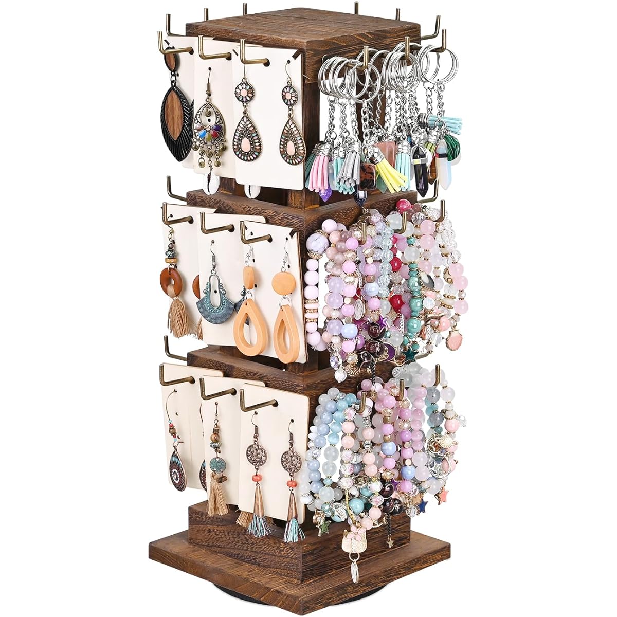 Ikee Design Elegant Wooden Rotating Jewelry Tower - 36 Hooks for Earrings, Bracelets, and More - Versatile Countertop Rack for Stores, Exhibitions, and Home Brown