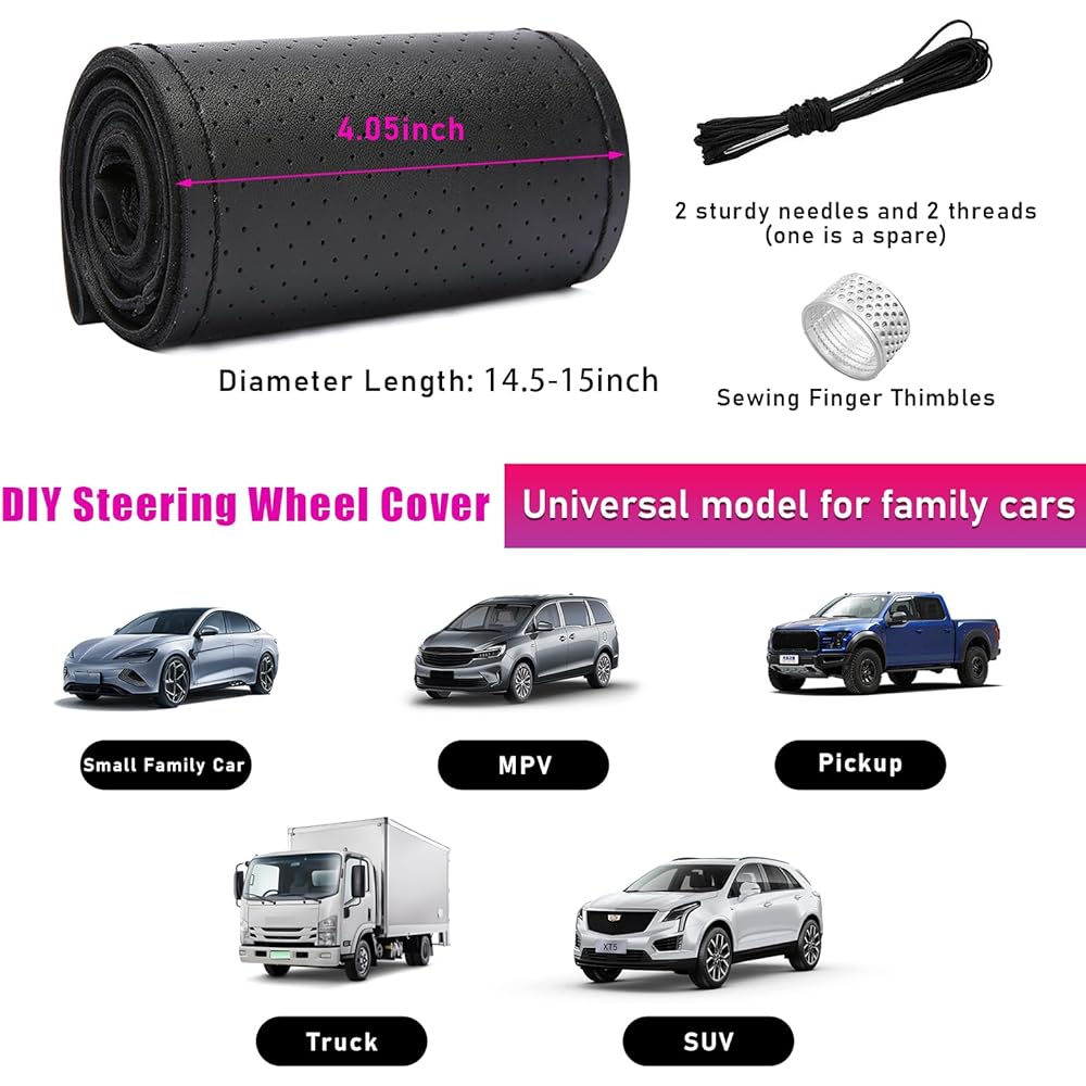 ZICINER Genuine Leather Handle Cover Stitch on -wrap Non -ventilation Curse Tairing Wheel Protector Maximum DIY Sewing needle thread for 15 inches (black hole)