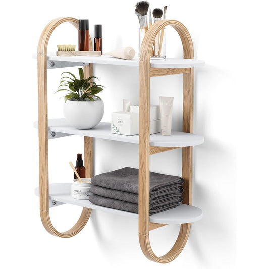 umbra Wall Mounted Shelf 3 Tier Rack Wooden Shelf White/Natural W65 x D24 x H75cm BELLWOOD 21016859668