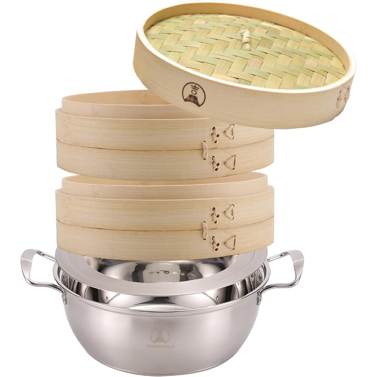 [Yoshifuji Crafts] 21cm Bamboo Steamer, 2 Tiers, IH Compatible Pot, Set, Steamer, Chinese Steamer, 20 Sheets Included (21cm Pot Included)