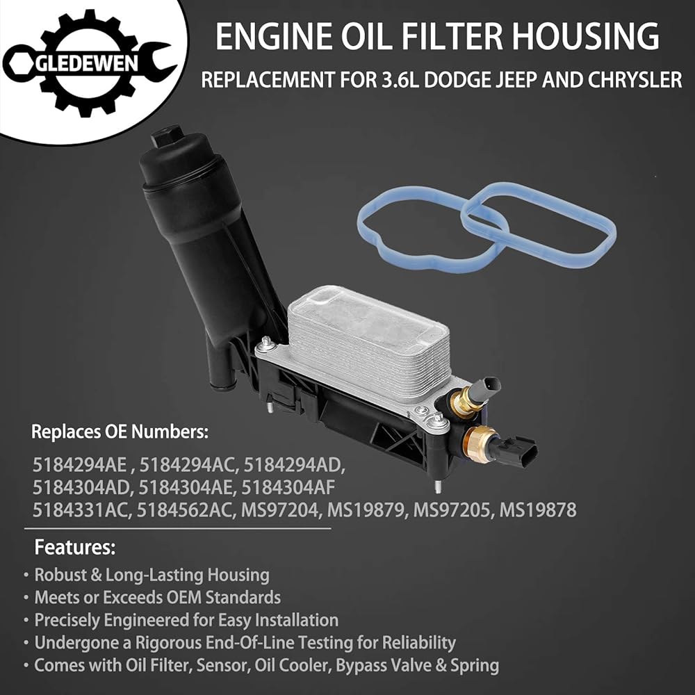 Engine Oil Cooler Oil filter Housing Housing Adapter Assembly | 2011-2013 DODGE JEEP CHRYSLER 3.6L V6 Engine | # 5184294AE, 5184294AC, 5184294AD, 5184304AD, 5184304AE, 5184304AE, 5184304AF Replacement